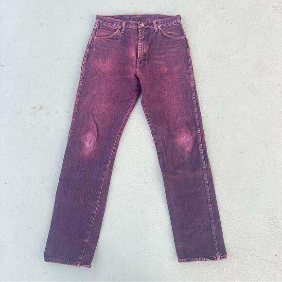 Vintage 90s Wrangler Maroon Plum Overdyed Cowboy Cut Acid Wash Jeans 33x36 13MWZ - Picture 2 of 6